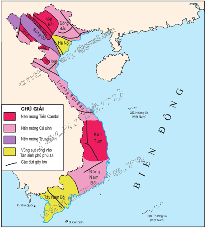 Hình 25.1. Sơ đồ các vùng địa chất kiến tạo, lớp 8