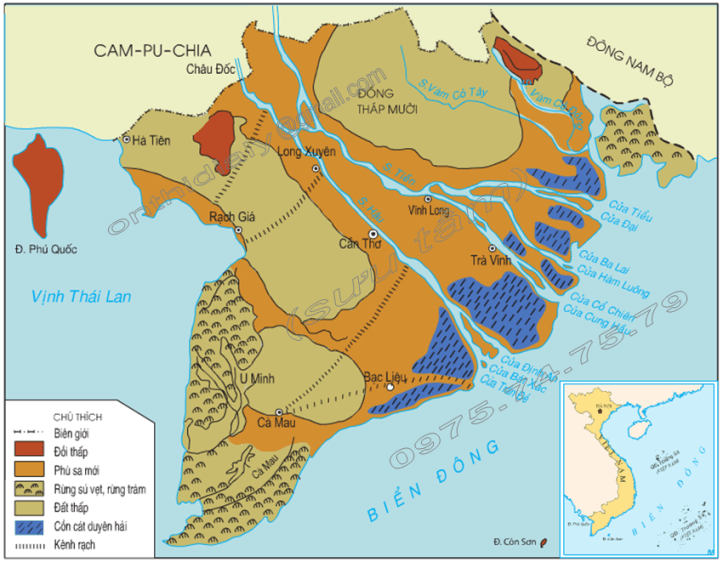 Hình 29.2. Lược đồ đồng bằng sông Cửu Long, lớp 8