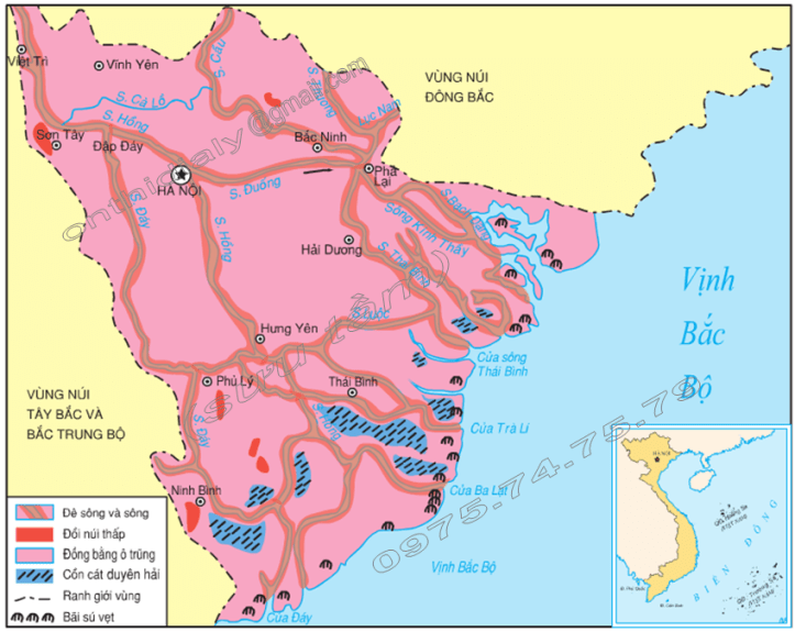 Hình 29.3. Lược đồ đồng bằng sông Hồng, lớp 8