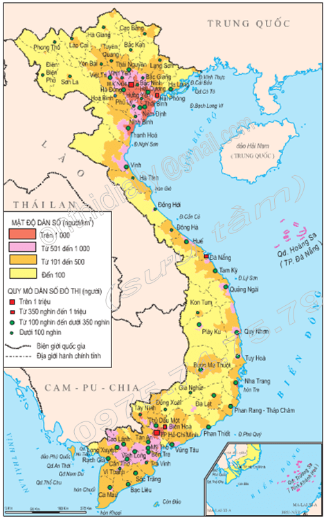 Hình 3.1. Lược đồ phân bố dân cư và đô thị Việt Nam, năm 1999, lop 9