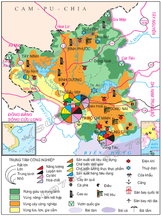Hình 32.2. Lược đồ kinh tế vùng Đông Nam Bộ, lop 9