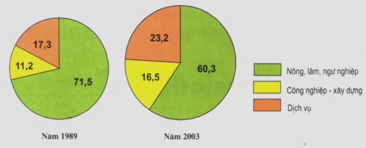 Hình 4.2. Biểu đồ cơ cấu sử dụng lao động theo ngành năm 1989 và 2003, lop 9