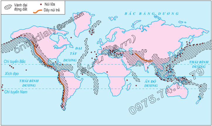 Hinh 10. Các vành đai động đất, núi lửa và các vùng núi trẻ