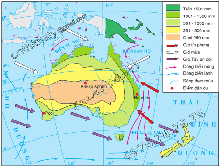 Hinh 50.2. Lược đồ hướng gió và sự phân bố lượng mưa ở lục địa Ô-xtrây-li-a và các đảo lân cận