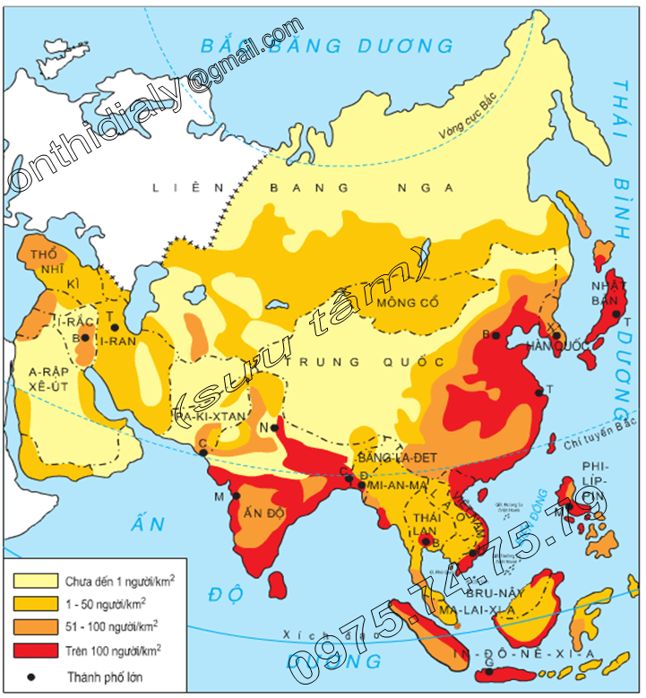 Hinh 6.1. Lược đồ mật độ dân số và những thành phố lớn châu Á