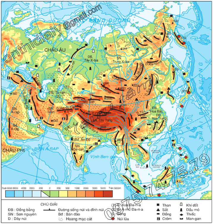 Hinh 1.2. Lược đồ địa hình, khoáng sản và sông hồ châu Á