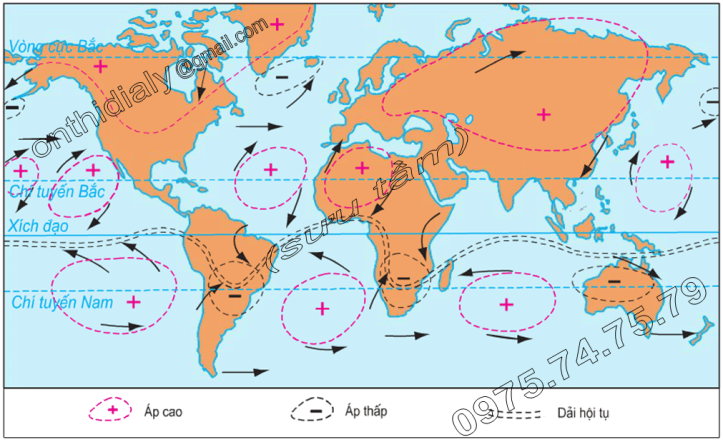 Hinh 12.3. Các khu áp cao, áp thấp trong tháng 1