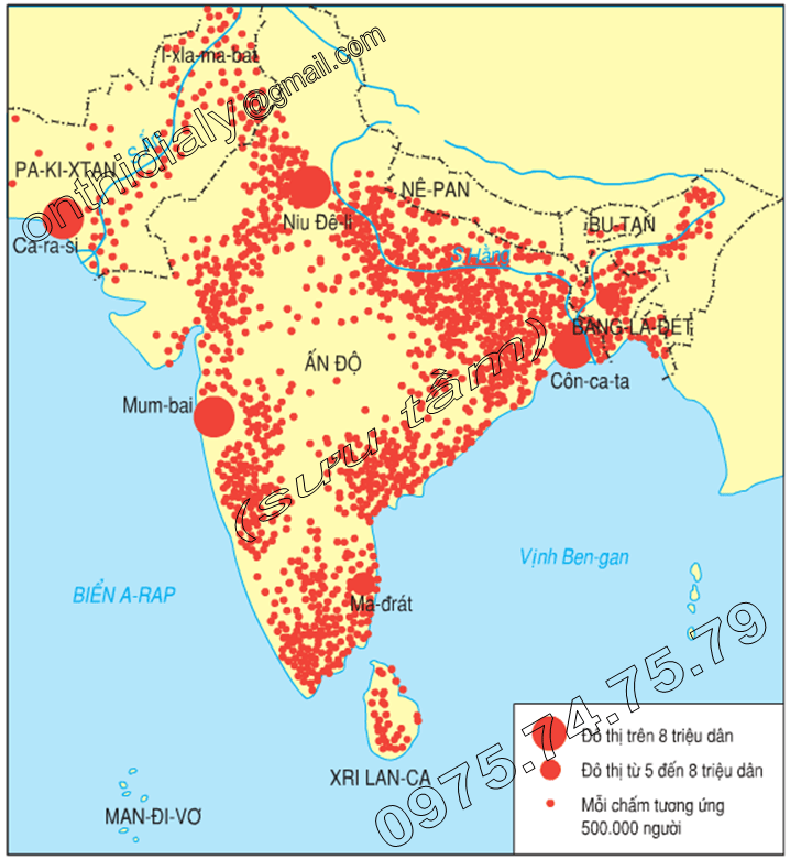 Hinh 11.1. Lược đồ phân bố dân cư Nam Á
