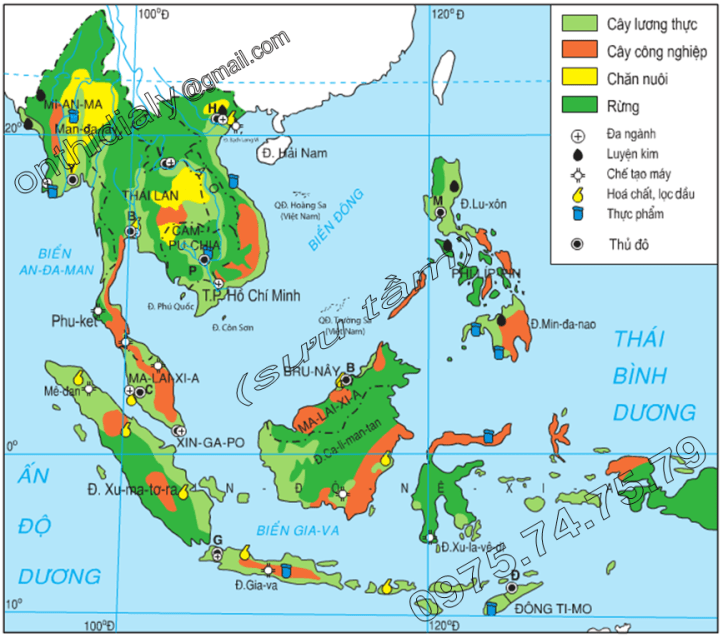 Hinh 16.1. Lược đồ phân bố nông nghiệp-công nghiệp của Đông Nam Á
