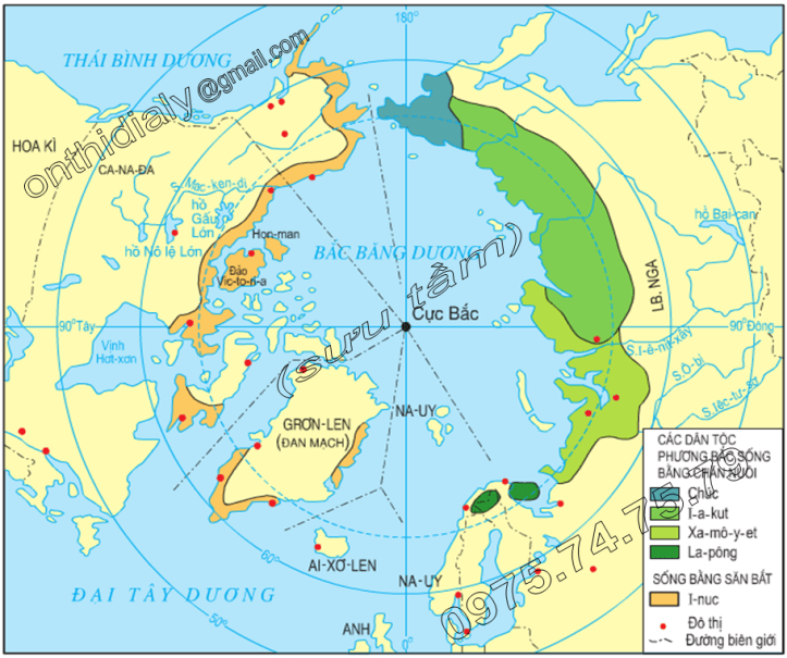 Hinh 22.1. Lược đồ địa bàn cư trú của các dân tộc ở môi trường đới lạnh phương Bắc