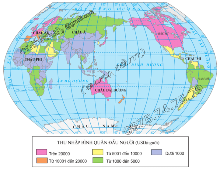 Hinh 25.1. Lược đồ thu nhập bình quân đầu người của các quốc gia trên thế giới (năm 2000)