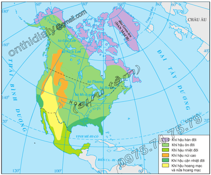 Hinh 36.3. Lược đồ các kiểu khí hậu Bắc Mĩ