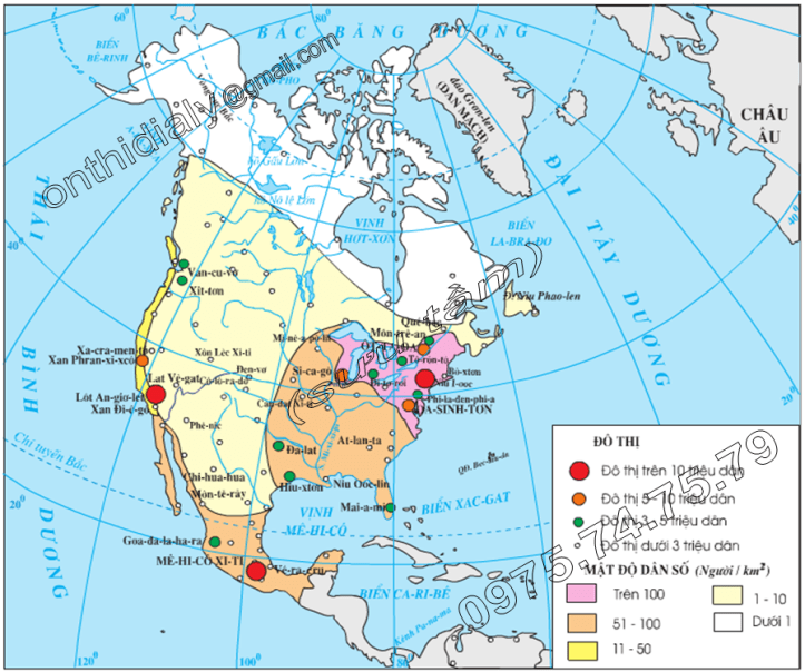 Hinh 37.1. Lược đồ phân bố dân cư và đô thị Bắc Mĩ