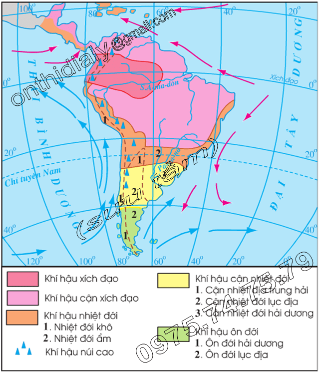 Hinh 42.1. Lược đồ khí hậu Trung và Nam Mĩ