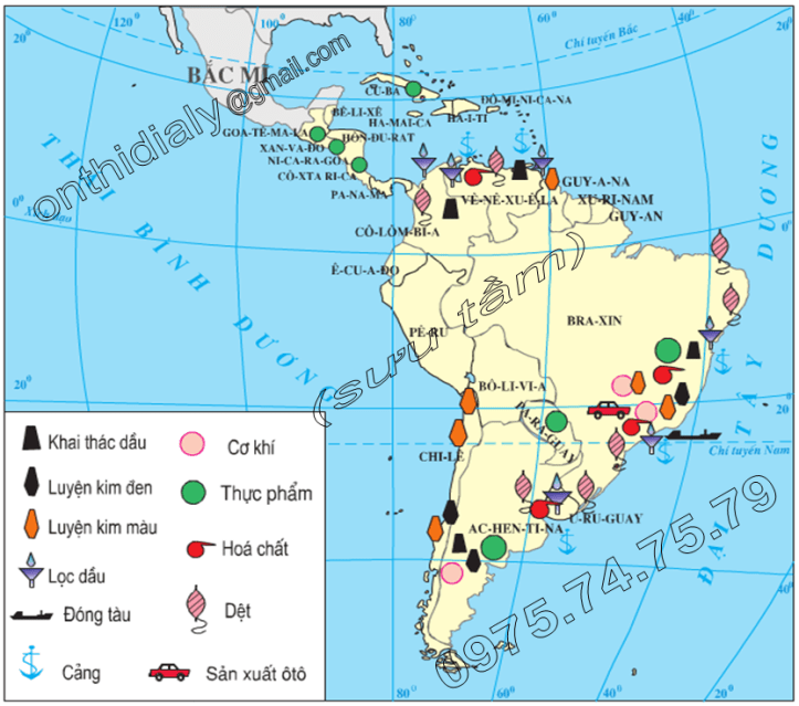 Hinh 45.1. Lược đồ phân bố công nghiệp Trung và Nam Mĩ