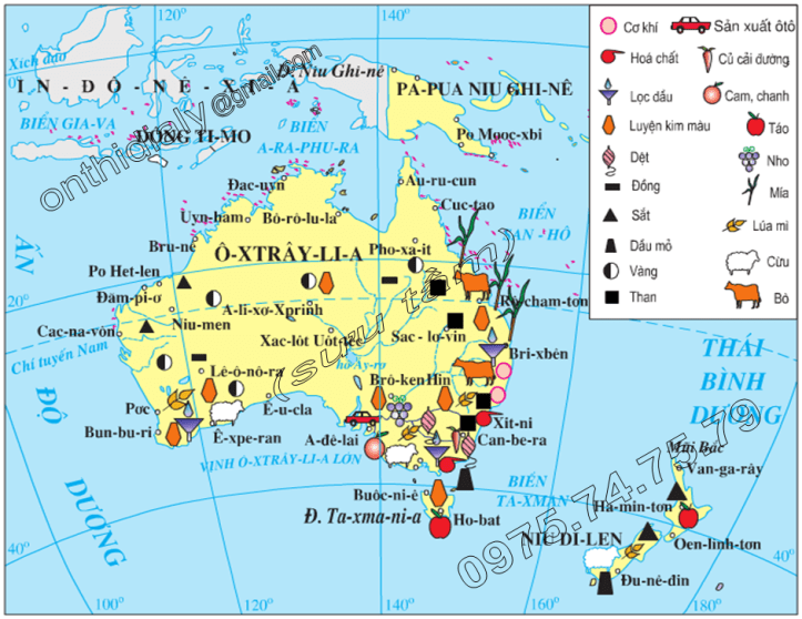 Hinh 49.3. Lược đồ kinh tế Ô-xtray-li-a và Niu Di-len