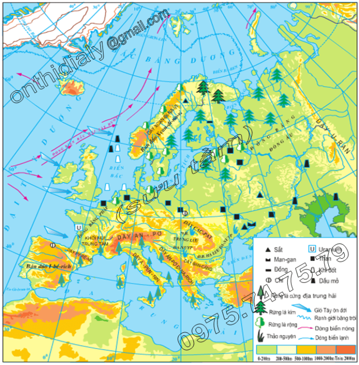 Hinh 51.1. Lược đồ tự nhiên châu Âu