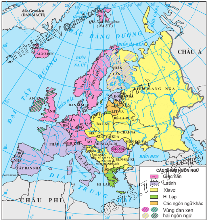 Hinh 54.1. Lược đồ các nhóm ngôn ngữ châu Âu