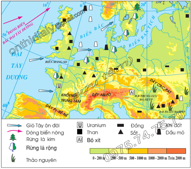 Hinh 57.1. Lược đồ tự nhiên khu vực Tây và Trung Âu
