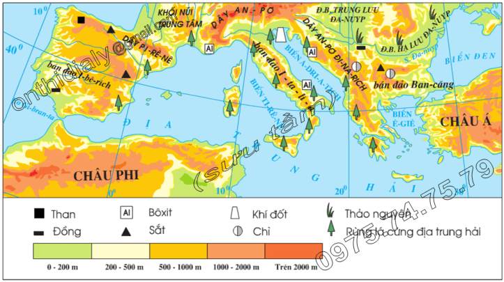 Hinh 58.1. Lược đồ tự nhiên khu vực Nam Âu